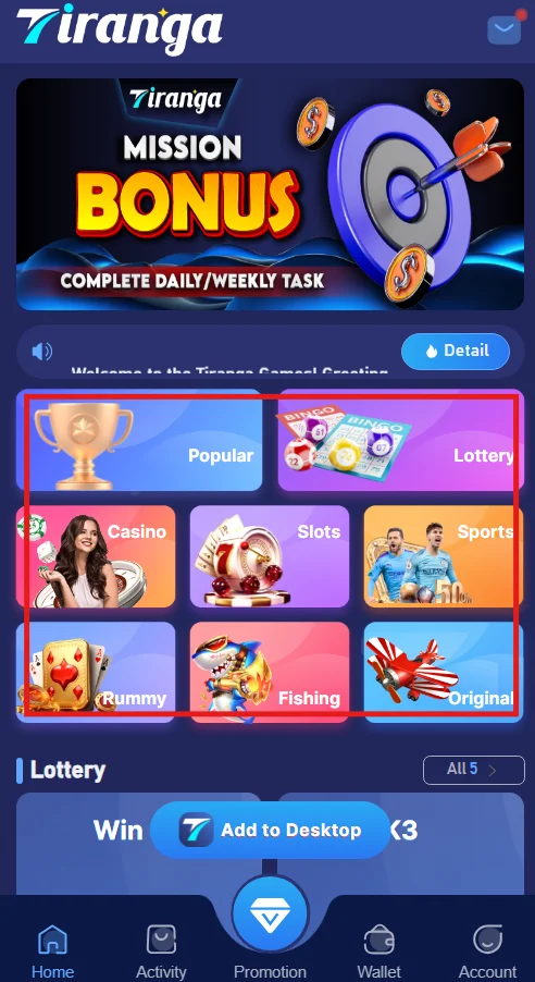 various games on Tiranga platform